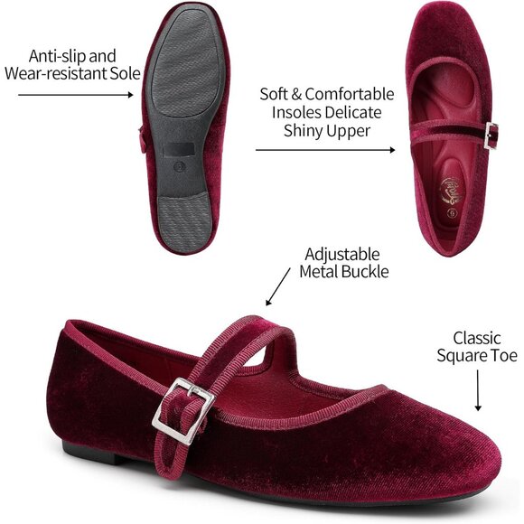 Trary Women's Burgundy Velvet Square Toe Buckle Strap Ballet Mary Jane Shoes - Picture 4 of 5
